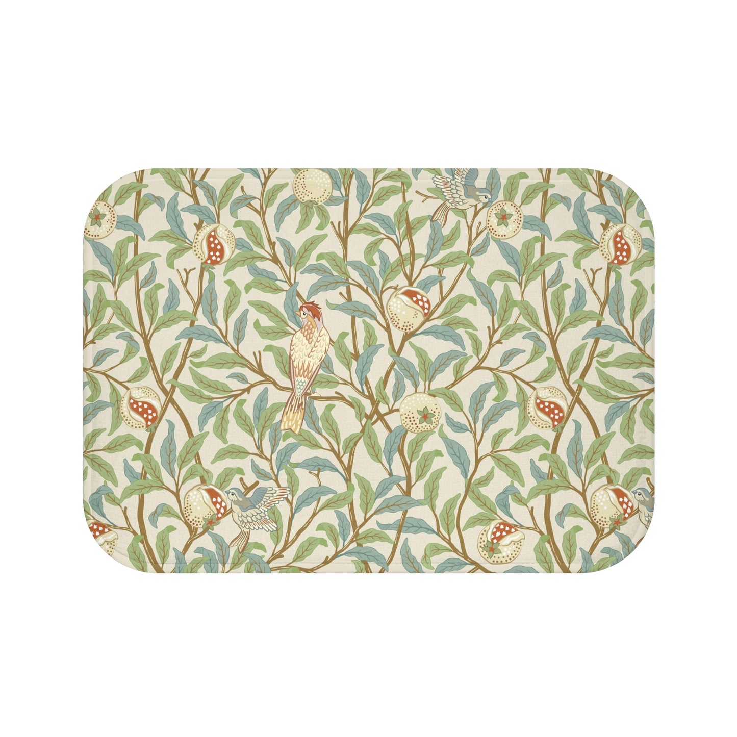 Microfibre bath mat with a floral pattern featuring birds and pomegranates in a beige colour inspired by William Morris.
