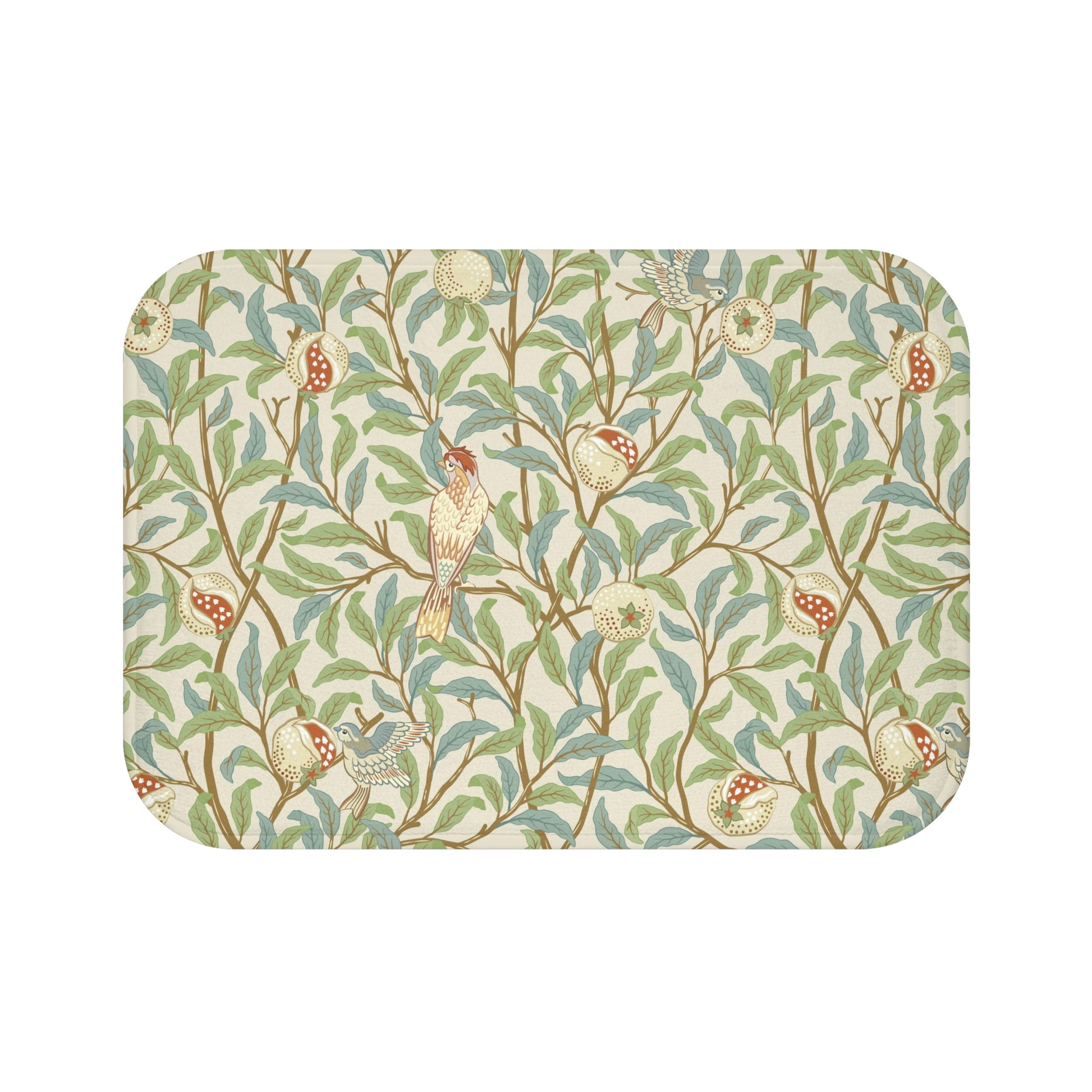 Microfibre bath mat with a floral pattern featuring birds and pomegranates in a beige colour inspired by William Morris.