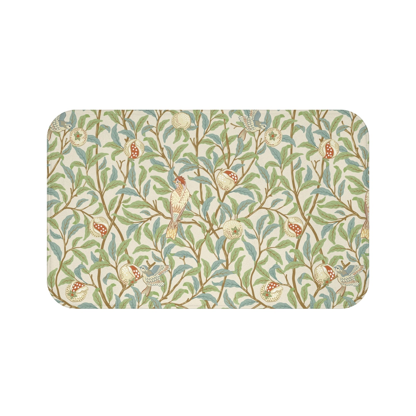Microfibre bath mat with a floral pattern featuring birds and pomegranates in a beige color inspired by William Morris.