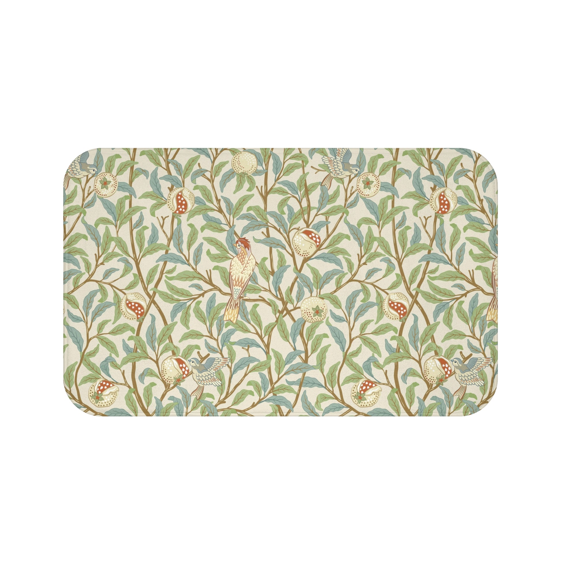 Microfibre bath mat with a floral pattern featuring birds and pomegranates in a beige color inspired by William Morris.
