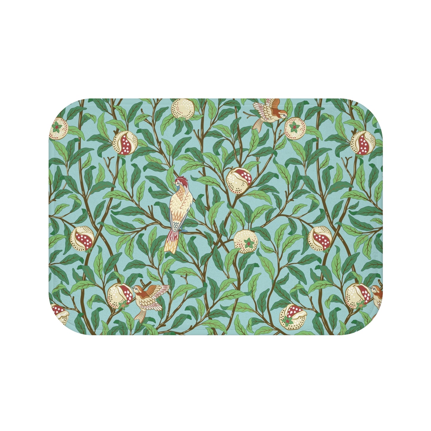 A rectangular microfibre bath mat with a Tiffany Blue background featuring an elegant William Morris bird and pomegranate pattern.