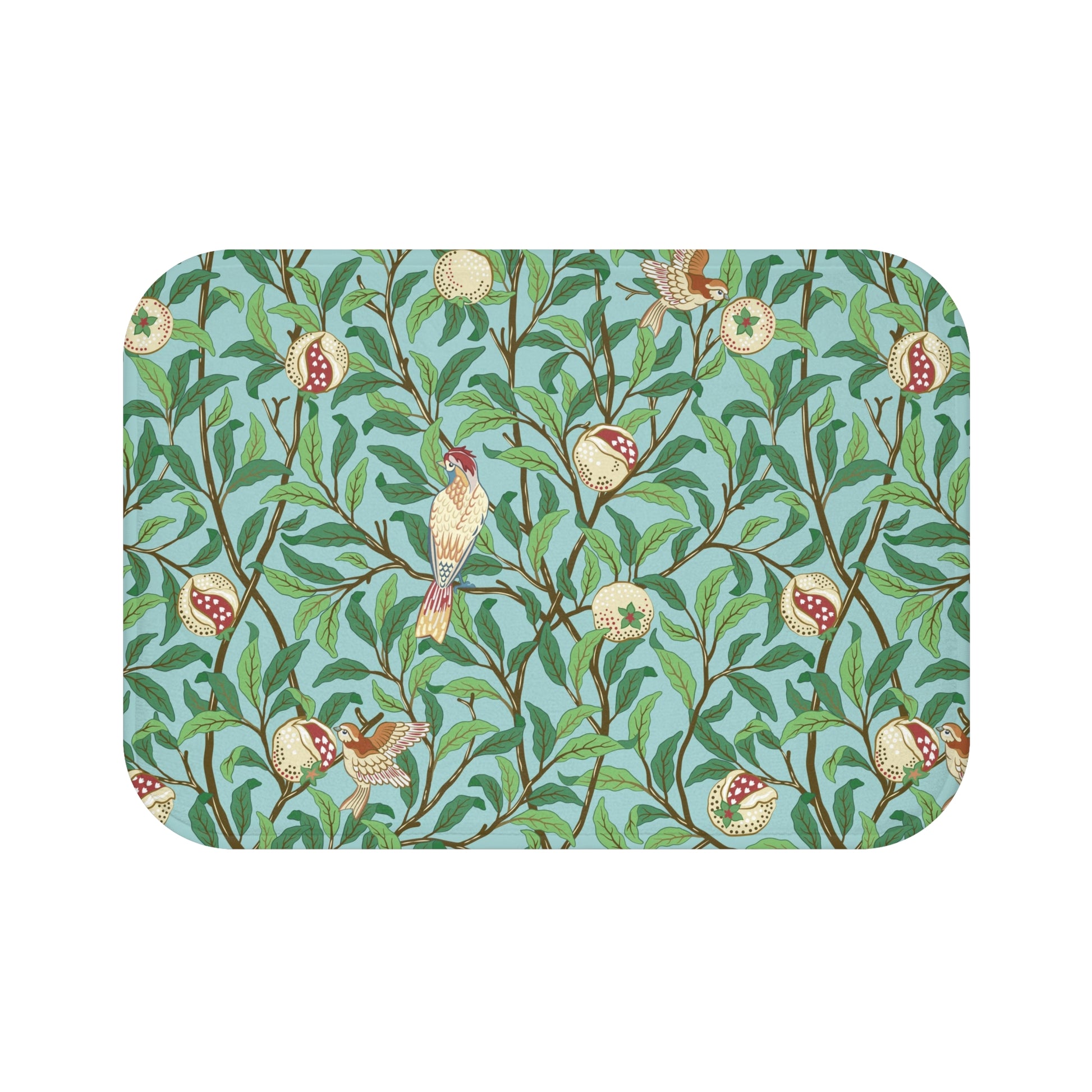 A rectangular microfibre bath mat with a Tiffany Blue background featuring an elegant William Morris bird and pomegranate pattern.