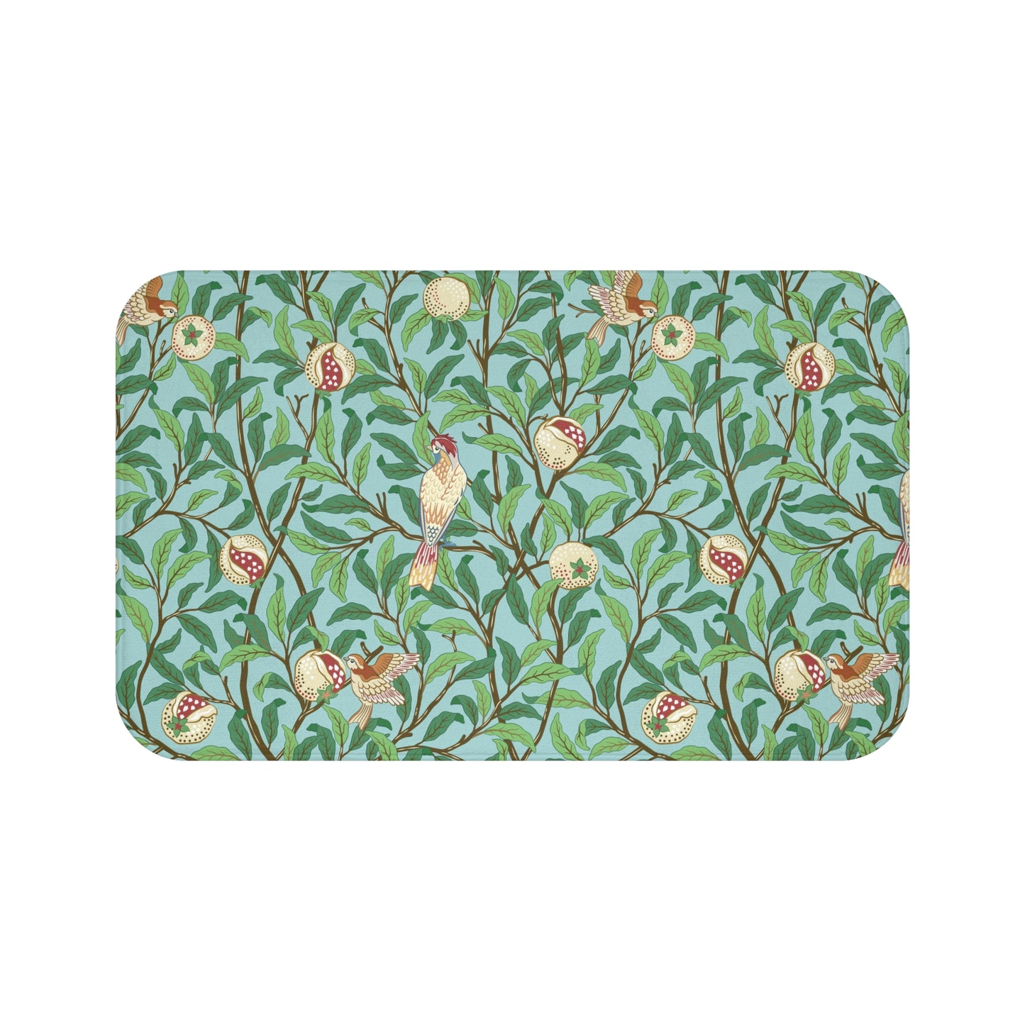 A rectangular microfibre bath mat with a Tiffany Blue background featuring an elegant William Morris bird and pomegranate pattern.