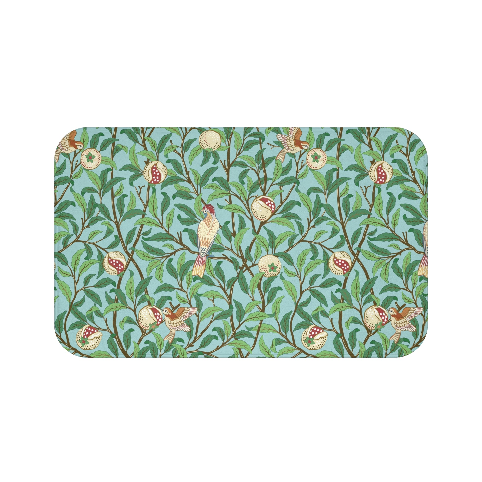 A rectangular microfibre bath mat with a Tiffany Blue background featuring an elegant William Morris bird and pomegranate pattern.