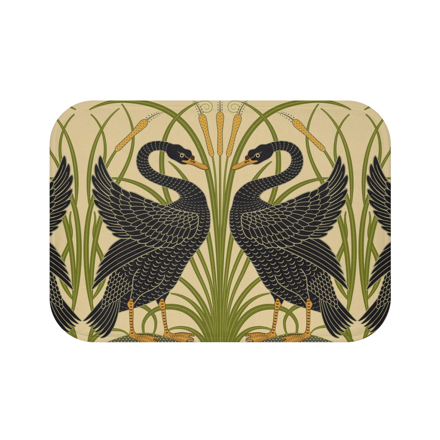 Microfibre bath mat with a floral and black swan pattern on a beige background.