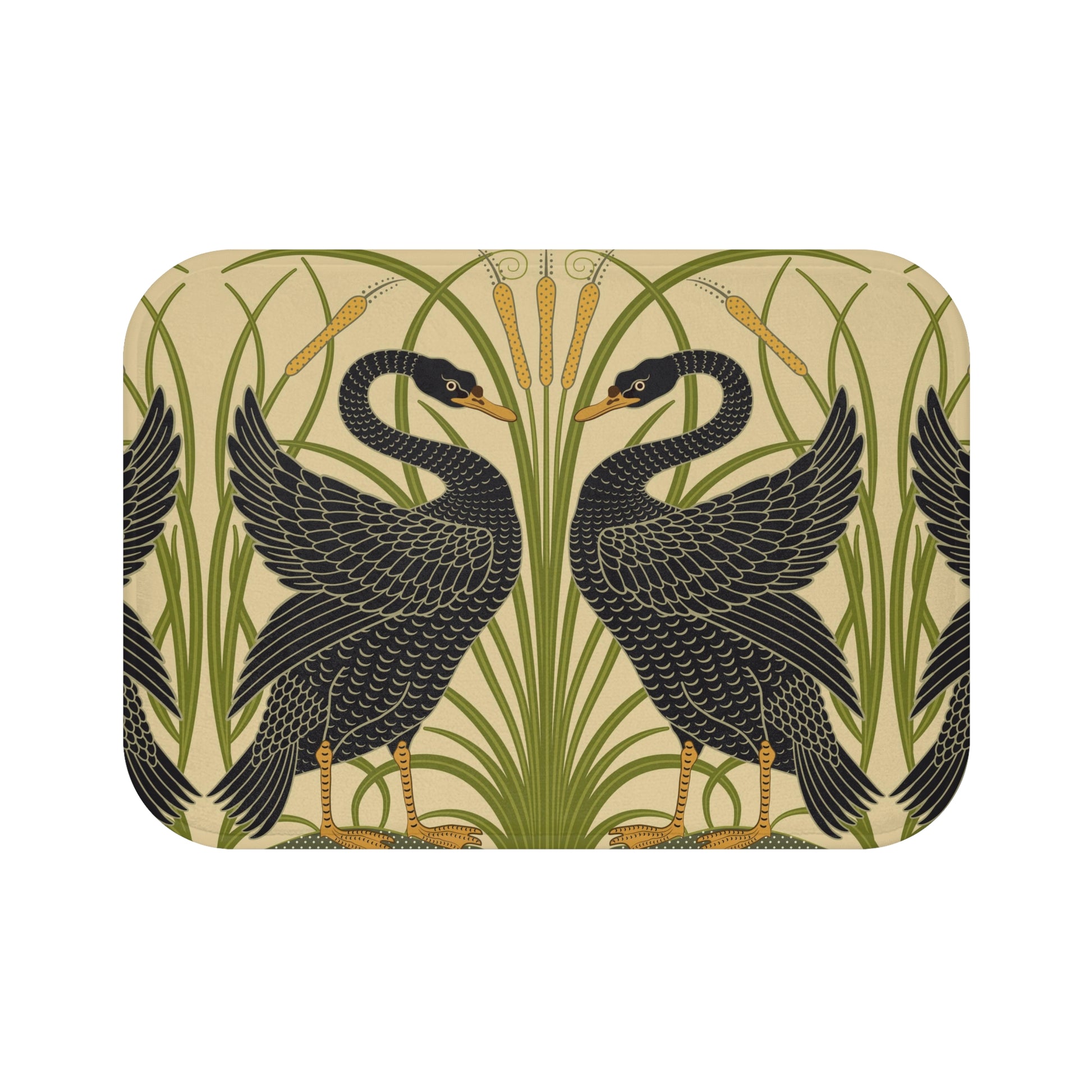 Microfibre bath mat with a floral and black swan pattern on a beige background.