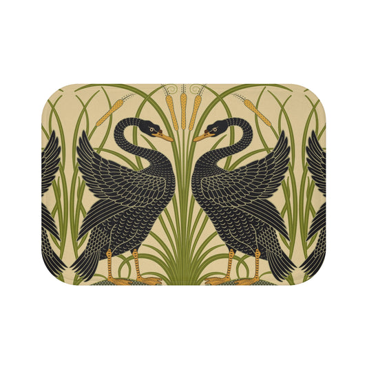 Microfibre bath mat with a floral and black swan pattern on a beige background.