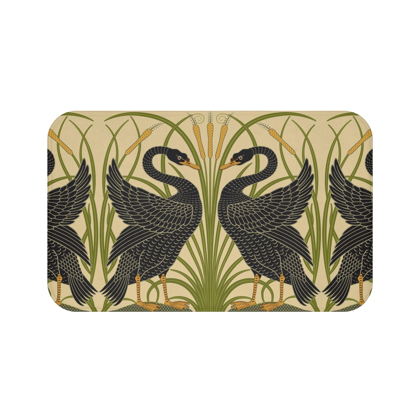 Microfibre bath mat with a floral and black swan pattern on a beige background.