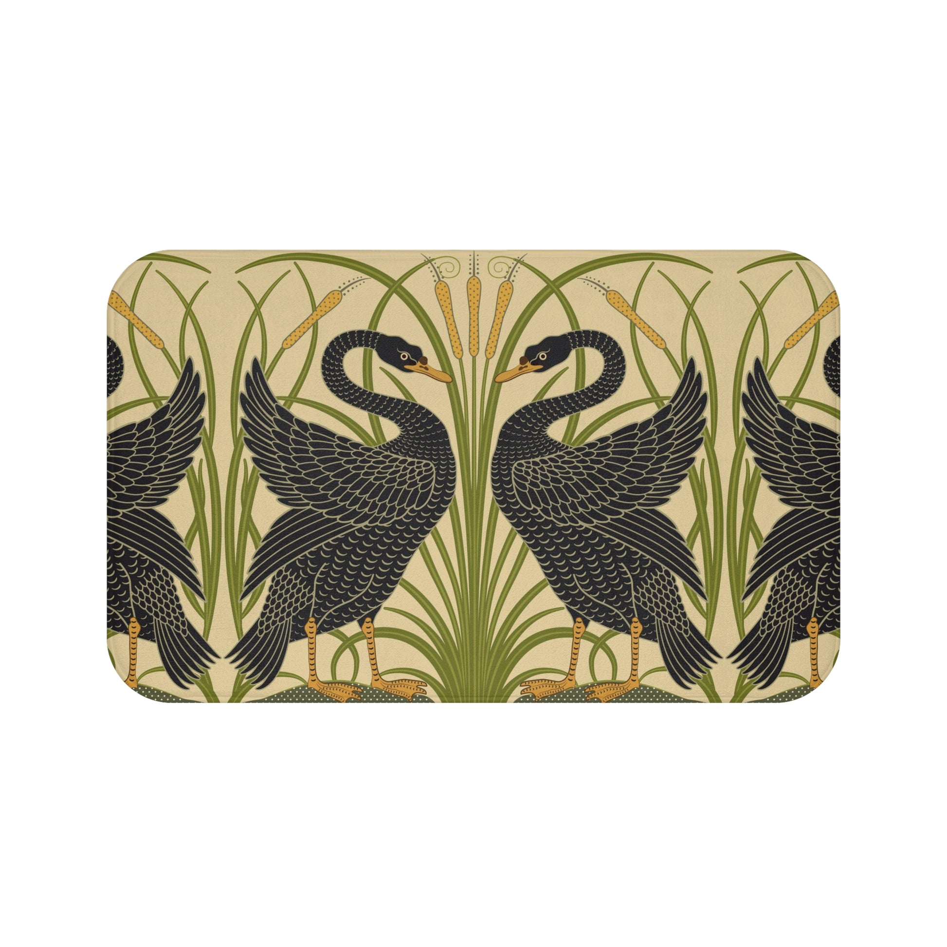 Microfibre bath mat with a floral and black swan pattern on a beige background.