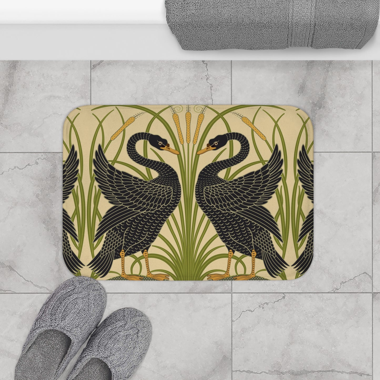 Microfibre bath mat with a floral and black swan pattern on a beige background.