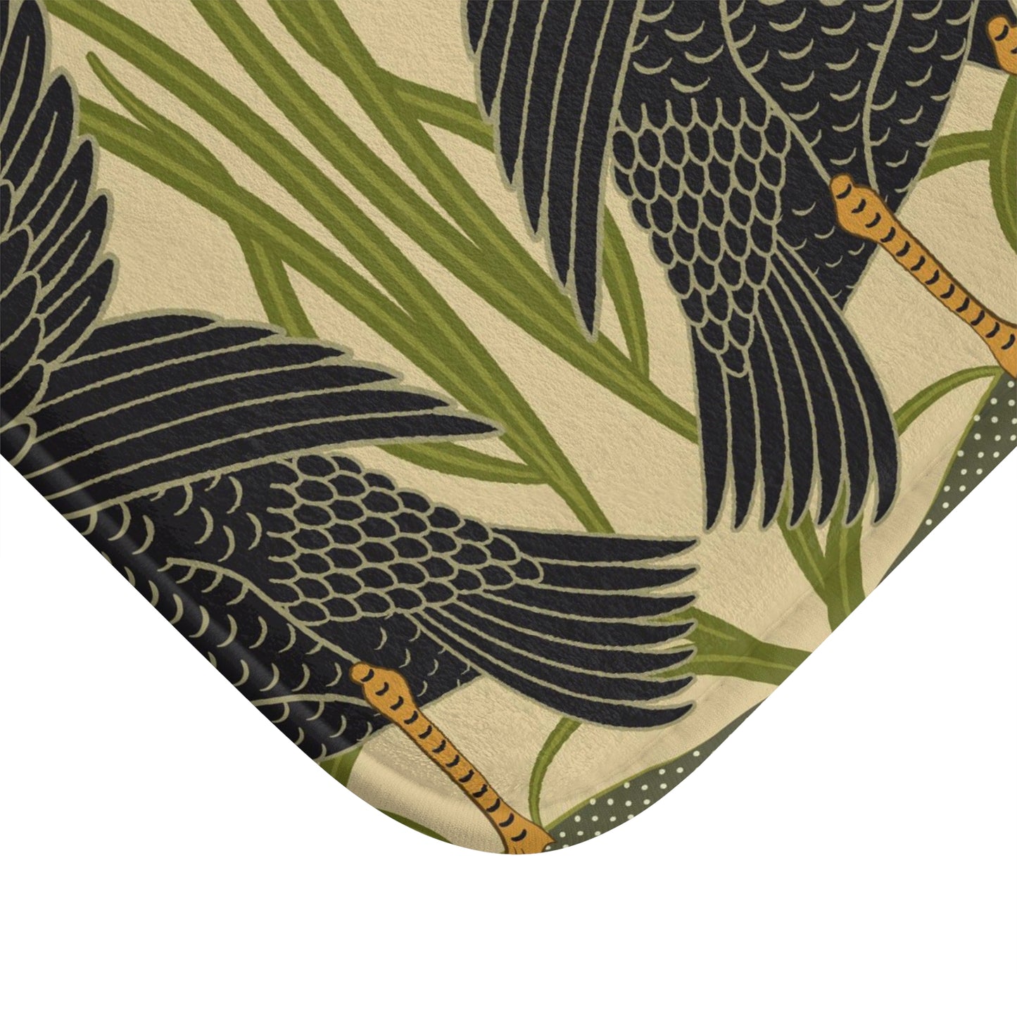 Microfibre bath mat with a floral and black swan pattern on a beige background.