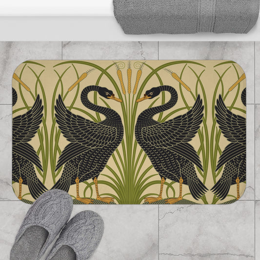 Microfibre bath mat with a floral and black swan pattern on a beige background.