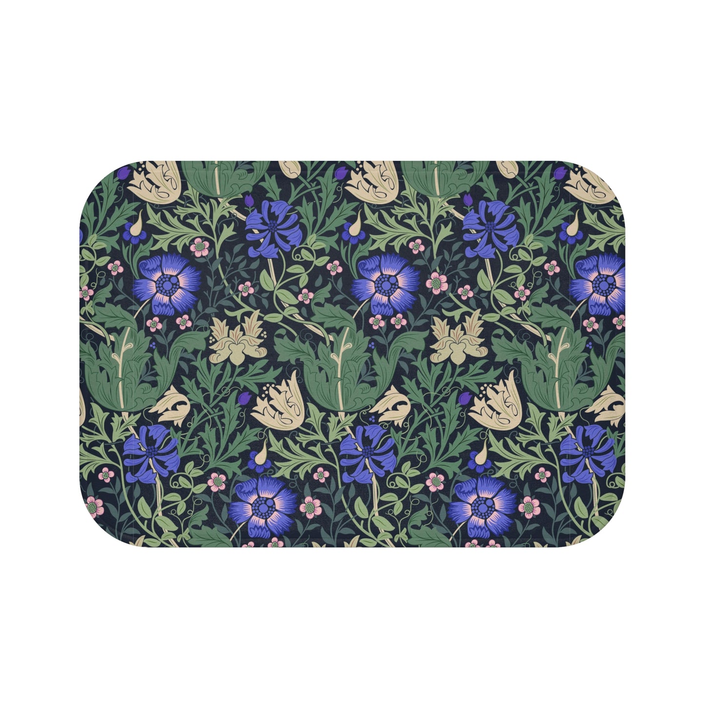 A rectangular microfibre bath mat with a floral pattern inspired by William Morris, predominantly blue and green in color.
