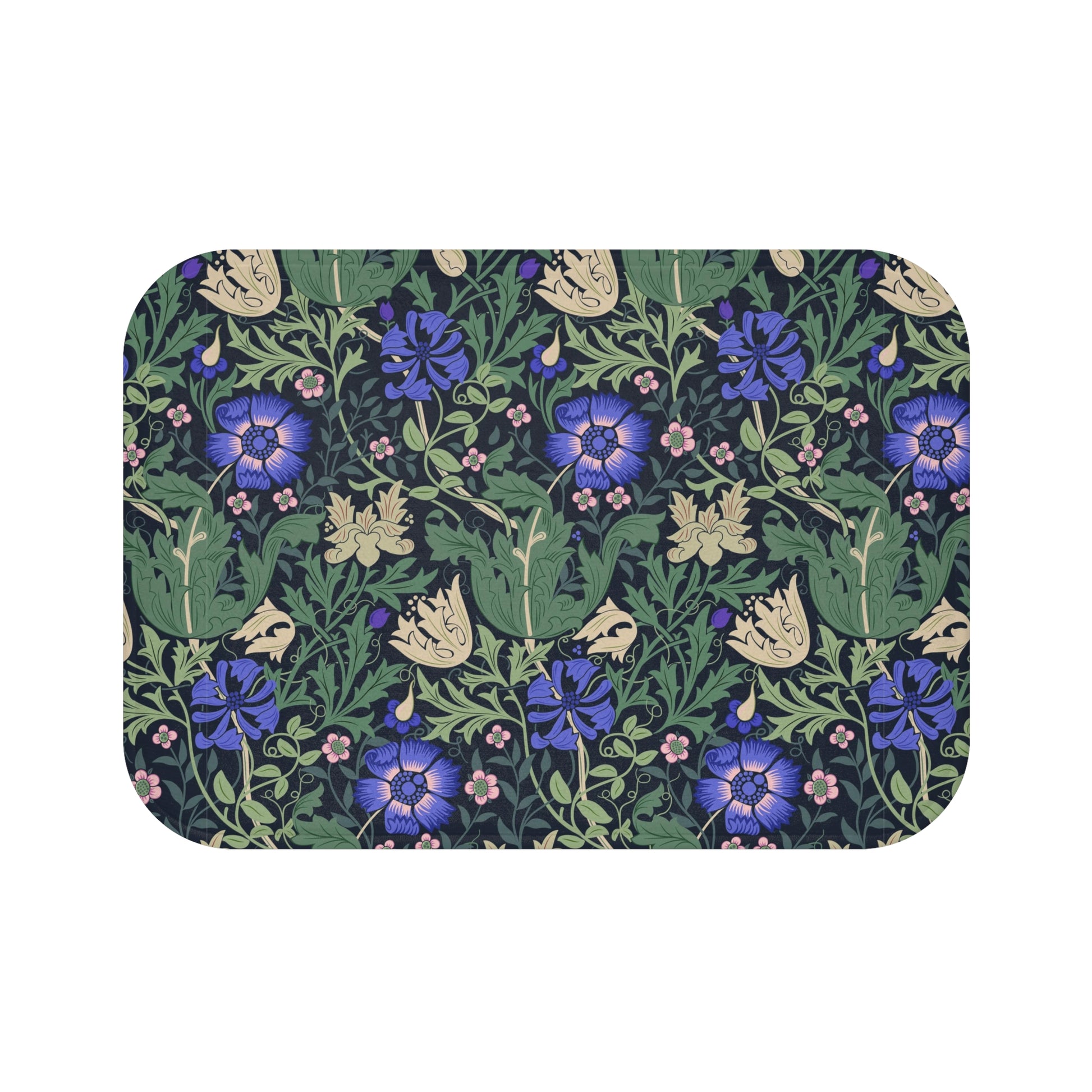 A rectangular microfibre bath mat with a floral pattern inspired by William Morris, predominantly blue and green in color.