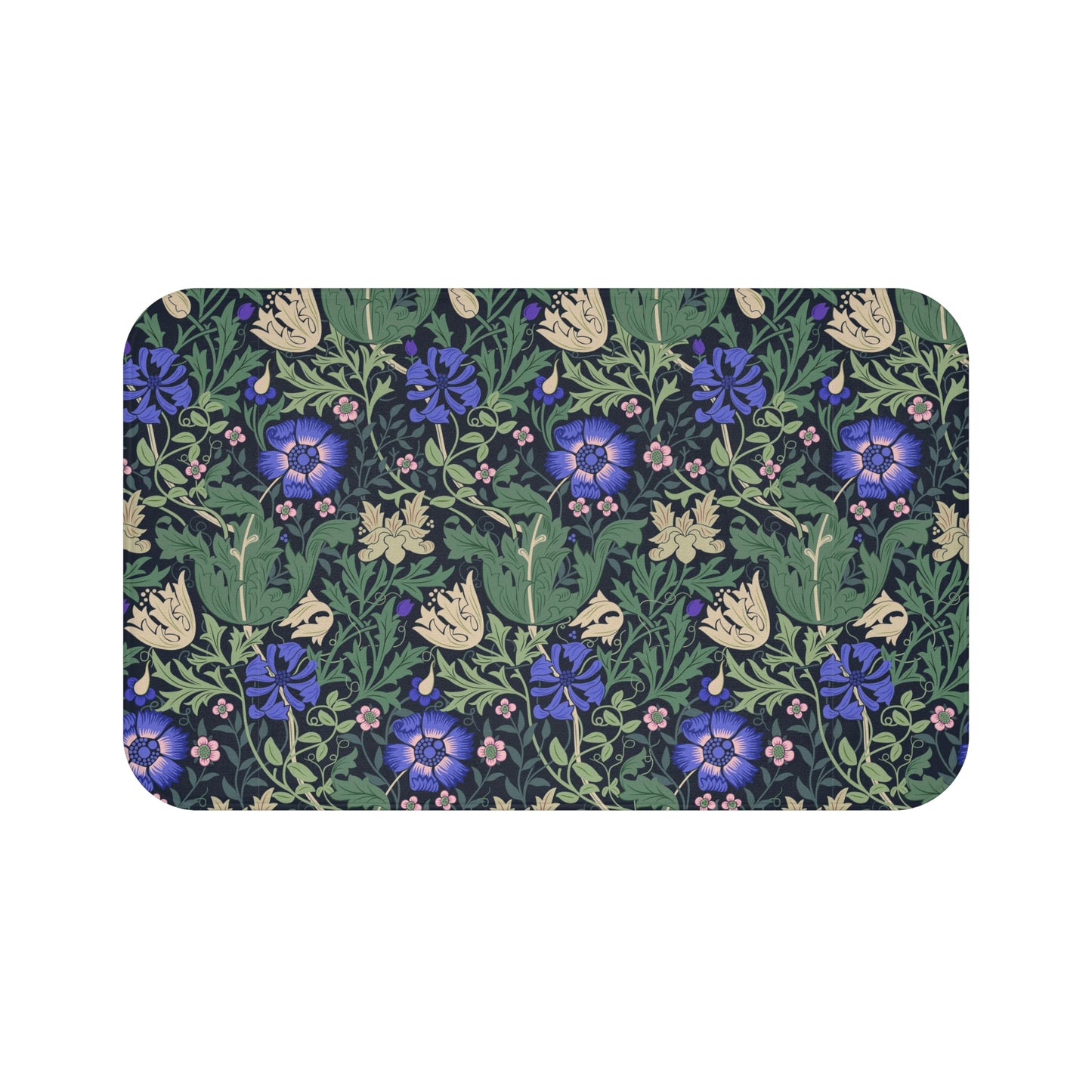 A rectangular microfibre bath mat with a floral pattern inspired by William Morris, predominantly blue and green in color.