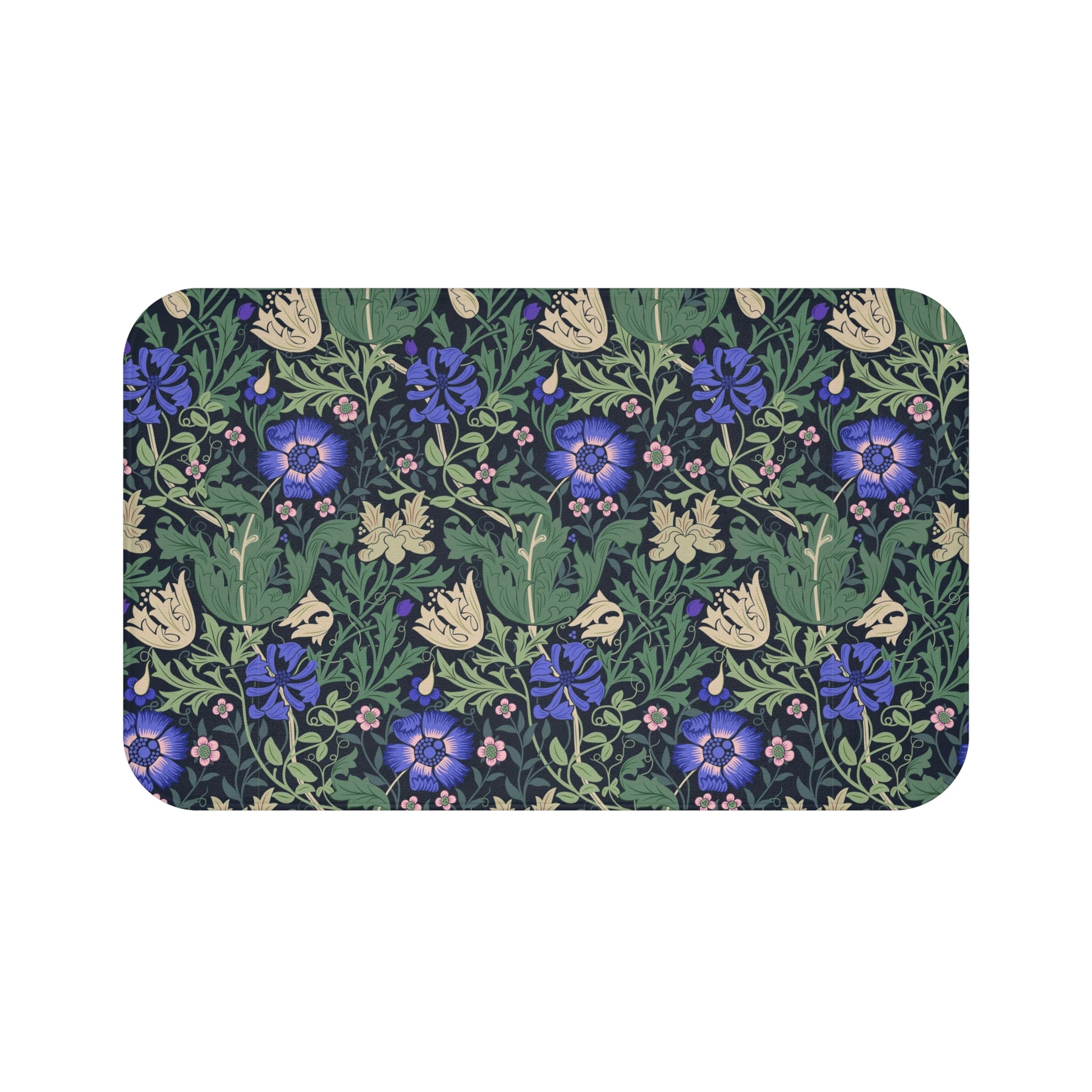 A rectangular microfibre bath mat with a floral pattern inspired by William Morris, predominantly blue and green in color.