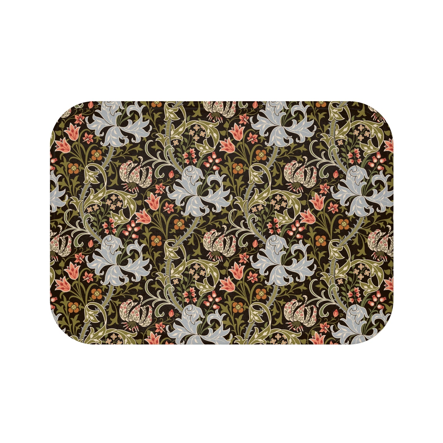 A rectangular microfibre bath mat with a floral pattern inspired by William Morris, predominantly in dark colours with a mix of lilies and other foliage.