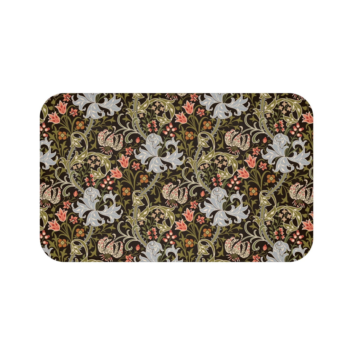 A rectangular microfibre bath mat with a floral pattern inspired by William Morris, predominantly in dark colors with a mix of lilies and other foliage.