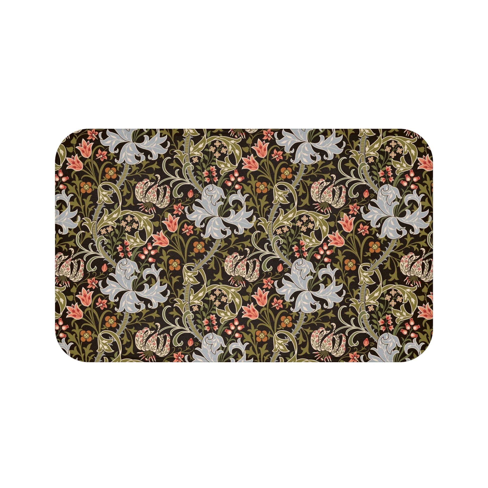 A rectangular microfibre bath mat with a floral pattern inspired by William Morris, predominantly in dark colors with a mix of lilies and other foliage.