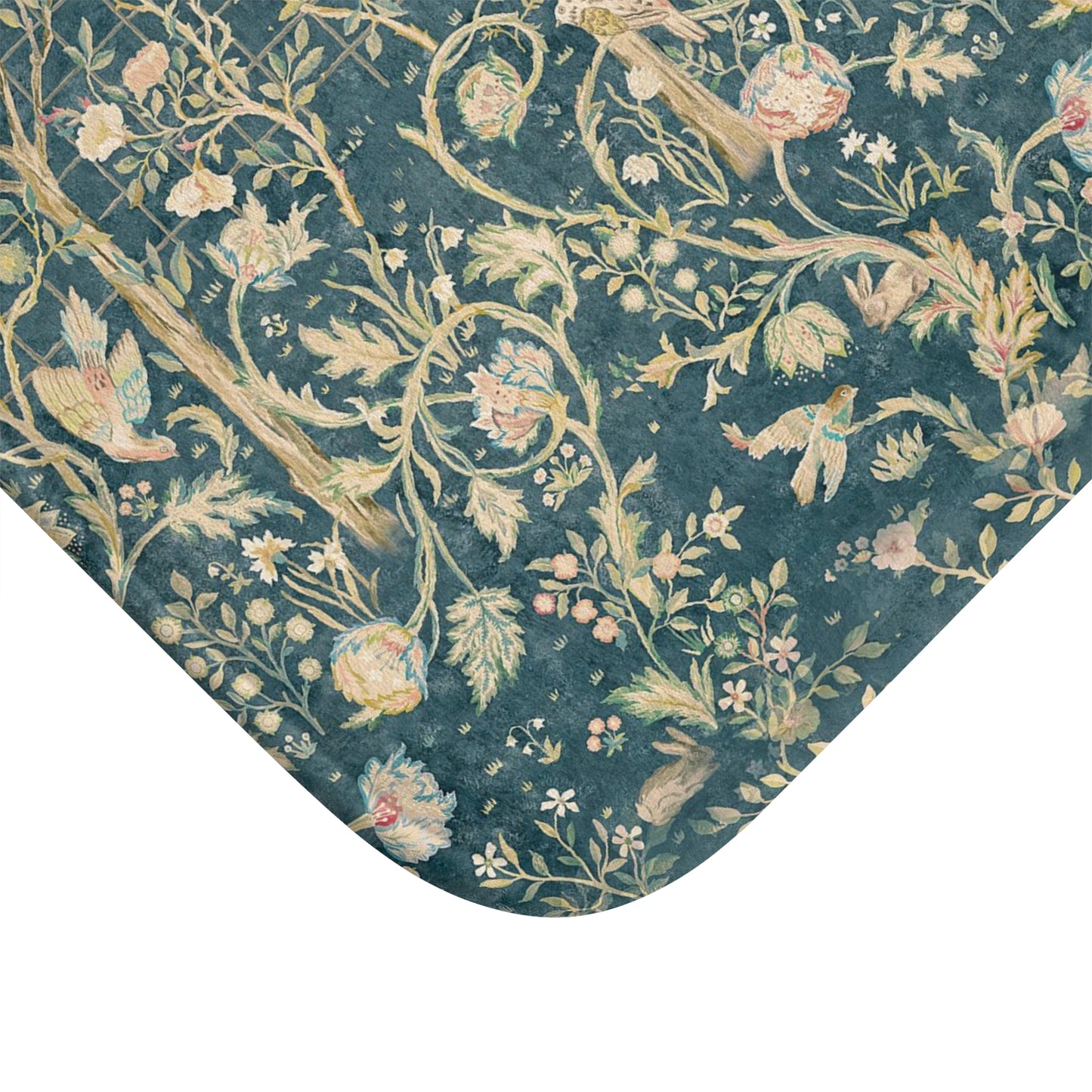 Decorative rug with floral and bird pattern on a blue background