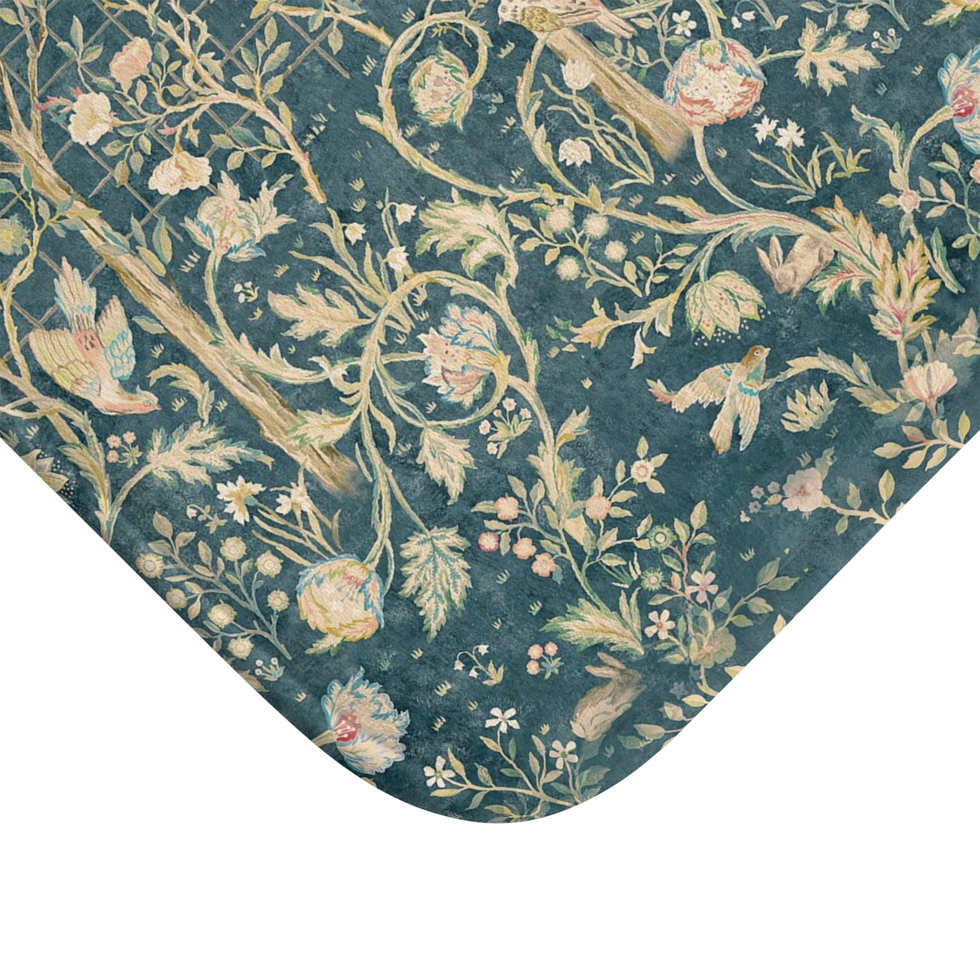 Decorative rug with floral and bird pattern on a blue background