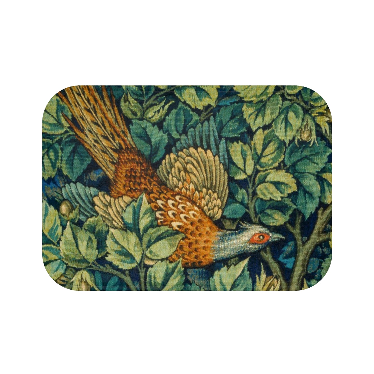 A microfibre bath mat with a William Morris  floral pattern featuring an artistic representation of a pheasant surrounded by leaves.