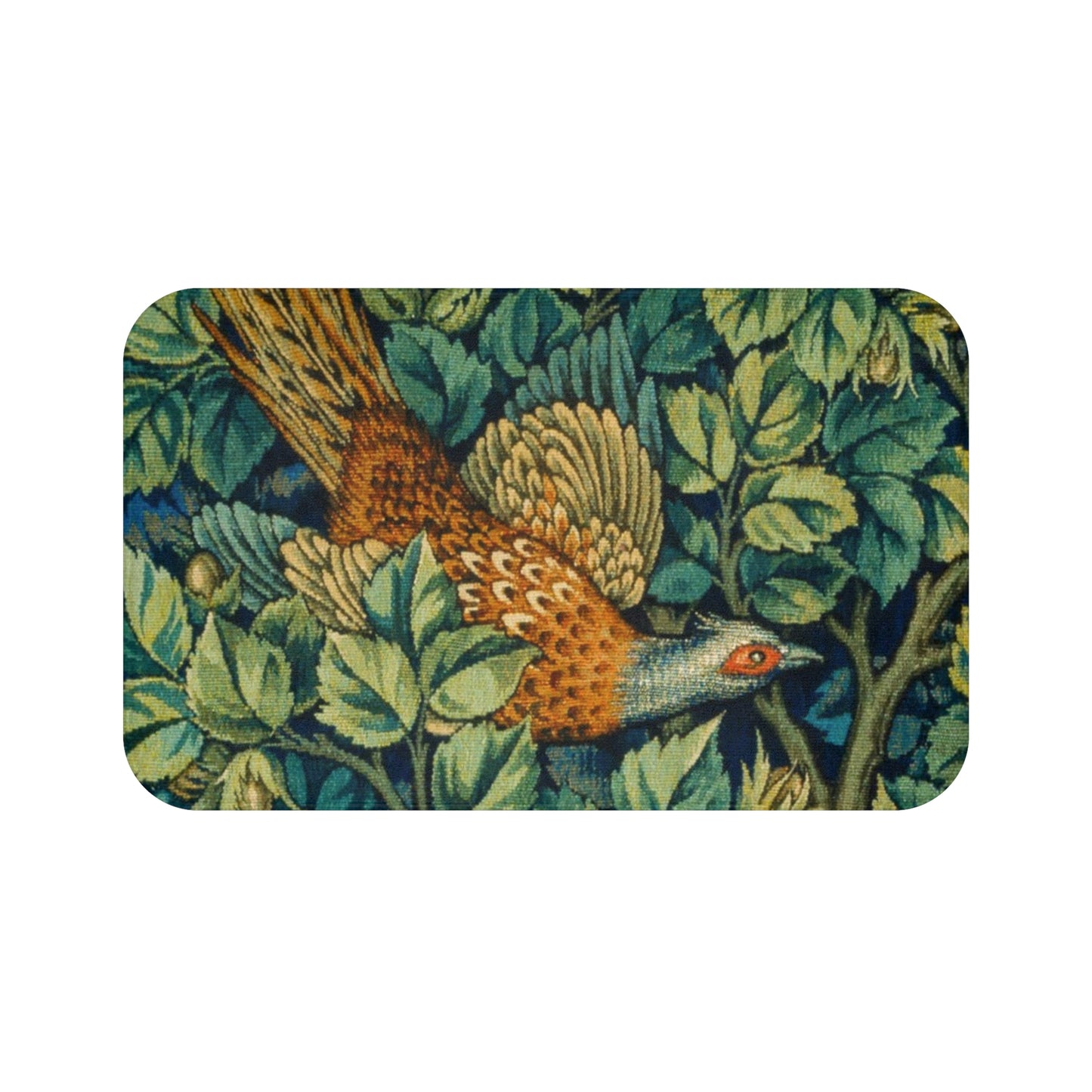 A microfibre bath mat with a floral pattern featuring an artistic representation of a pheasant surrounded by leaves.