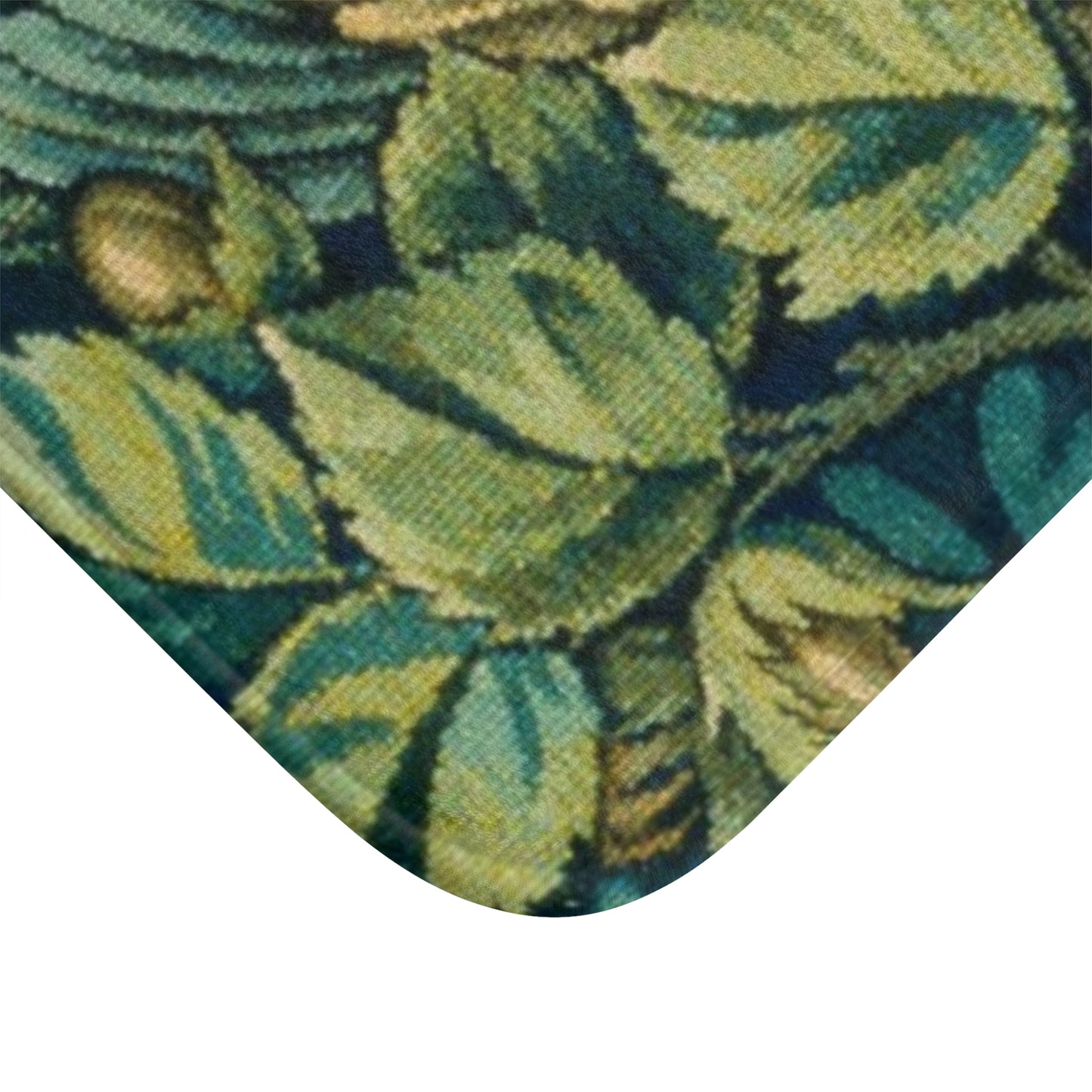 A microfibre bath mat with a William Morris  floral pattern featuring an artistic representation of a pheasant surrounded by leaves.