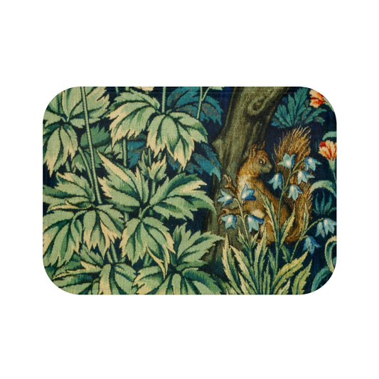 Microfibre bath mat with a William Morris  floral and squirrel design, predominantly in green and brown colours.