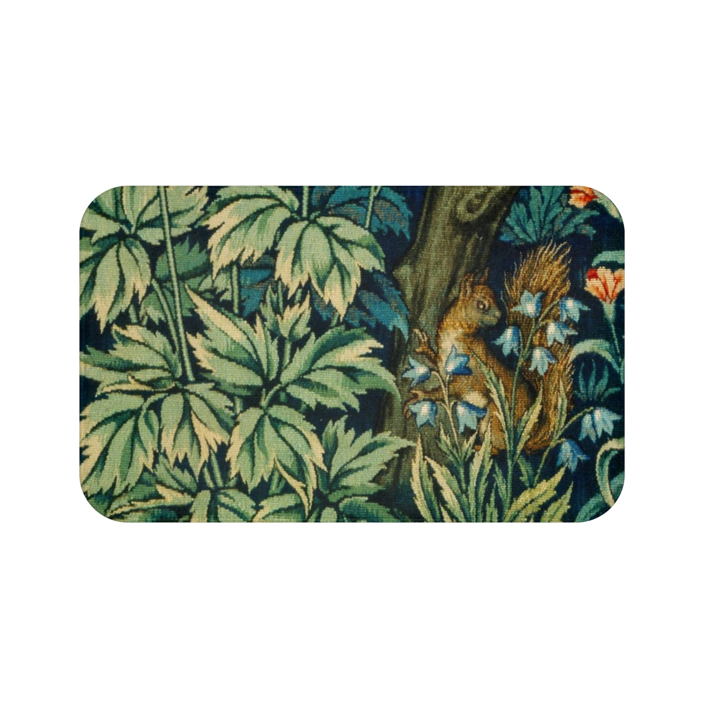 Microfibre bath mat with a William Morris  floral and squirrel design, predominantly in green and brown colours.
