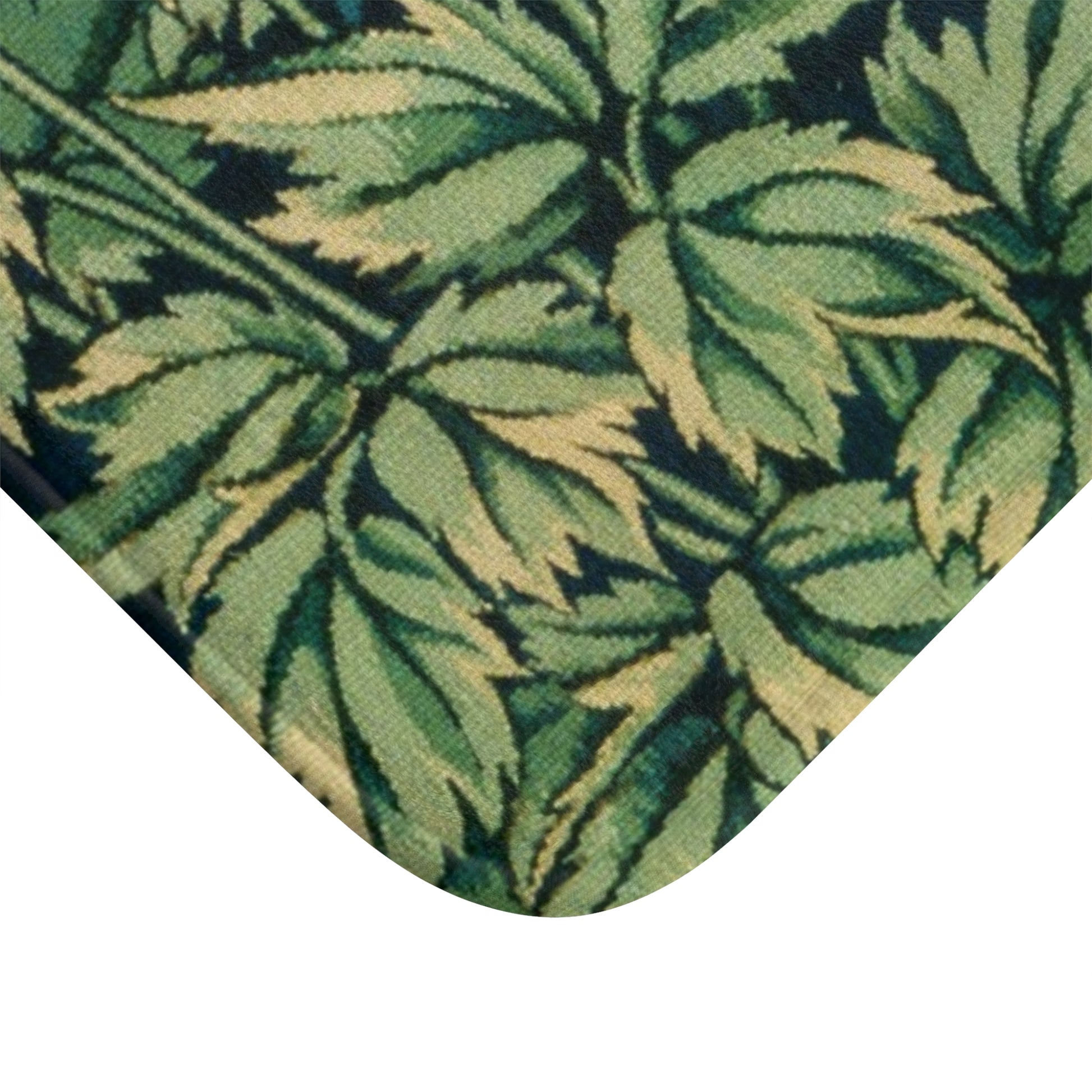 Microfibre bath mat with a William Morris  floral and squirrel design, predominantly in green and brown colours.