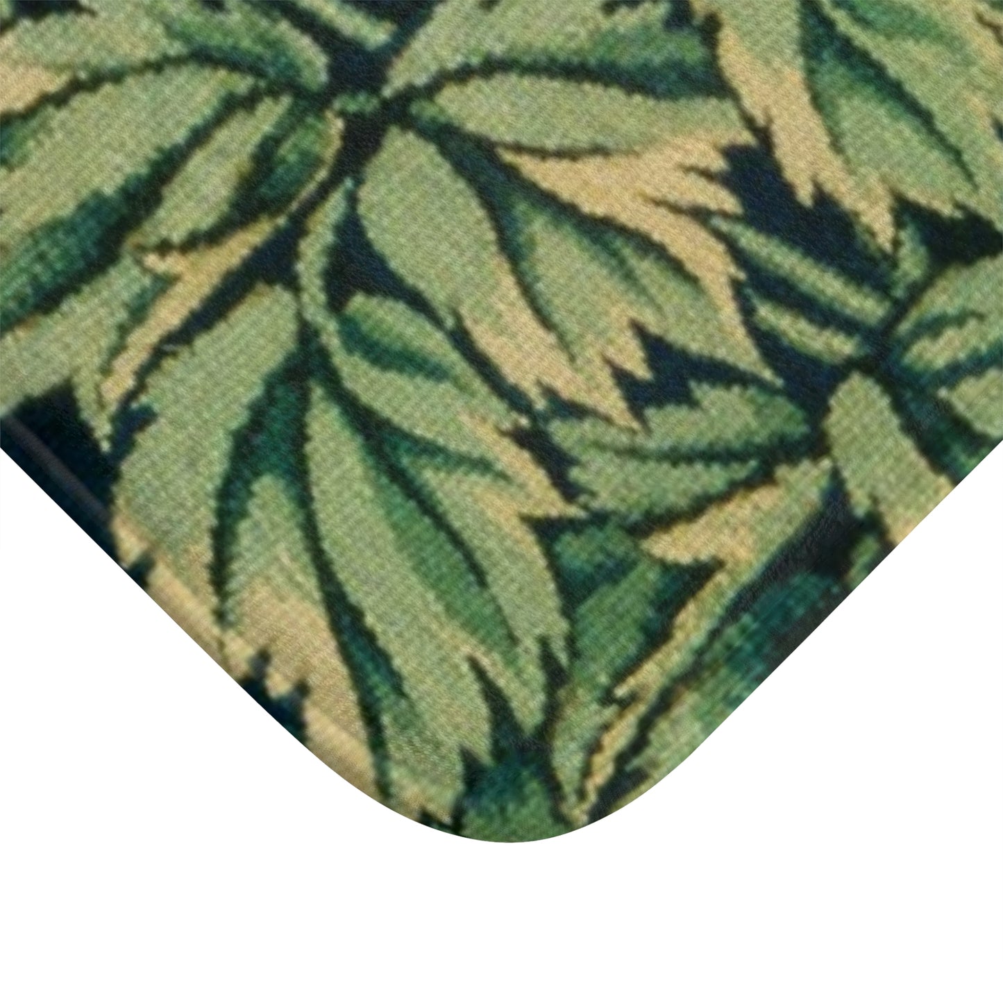 Microfibre bath mat with a William Morris  floral and squirrel design, predominantly in green and brown colours.
