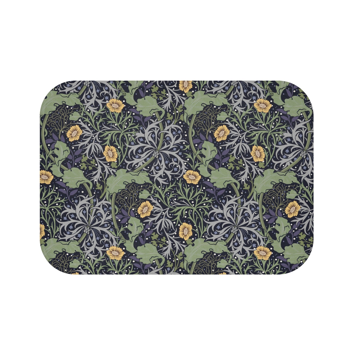 Microfibre bath mat with a floral pattern inspired by William Morris, predominantly yellow flowers with green leaves on a black background.