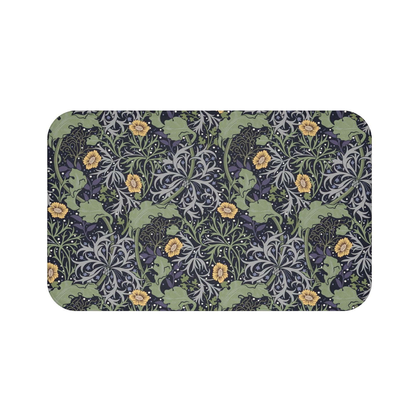 Microfibre bath mat with a floral pattern inspired by William Morris, predominantly yellow flowers with green leaves on a black background.