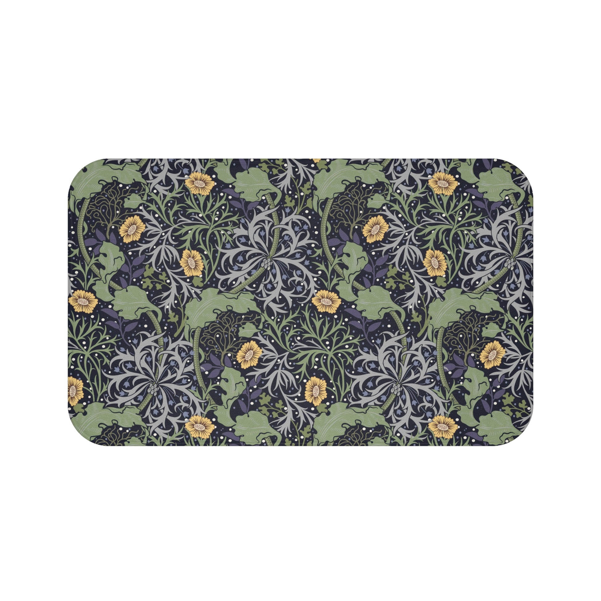 Microfibre bath mat with a floral pattern inspired by William Morris, predominantly yellow flowers with green leaves on a black background.