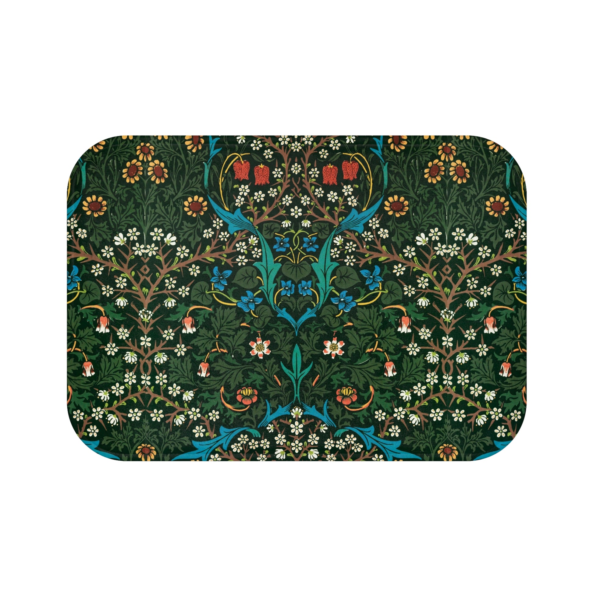 A rectangular microfibre bath mat with a floral pattern inspired by William Morris - Tulip Collection.