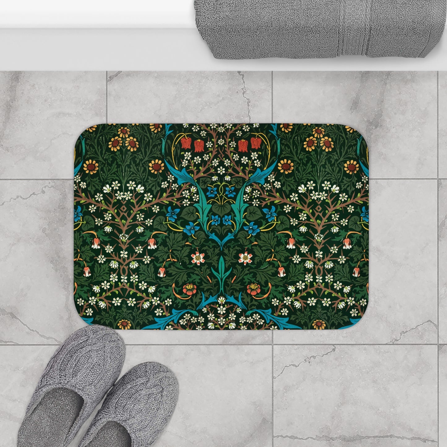 A rectangular microfibre bath mat with a floral pattern inspired by William Morris - Tulip Collection.
