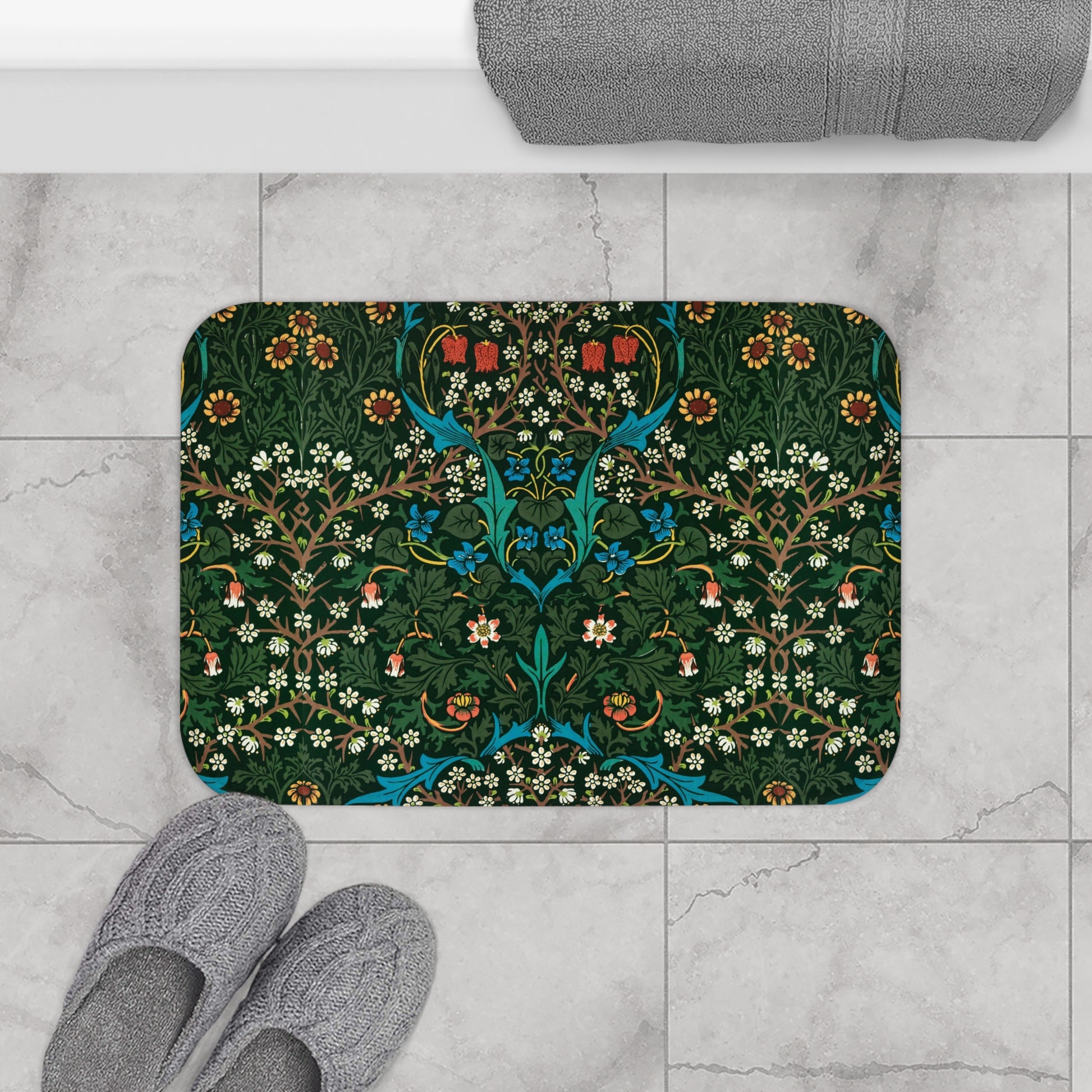 A rectangular microfibre bath mat with a floral pattern inspired by William Morris - Tulip Collection.