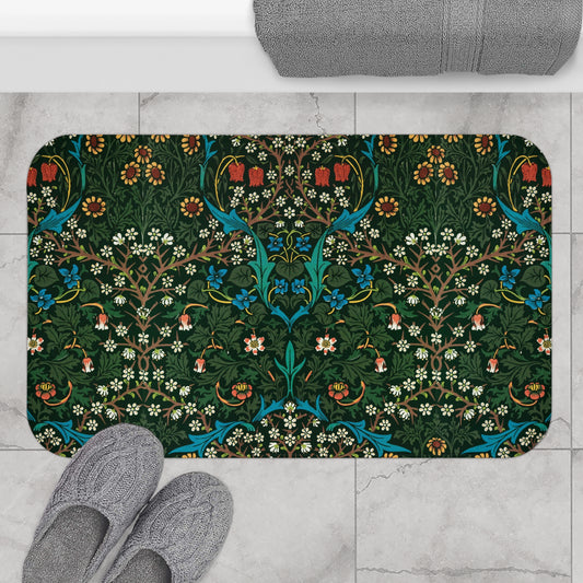 A rectangular microfibre bath mat with a floral pattern inspired by William Morris - Tulip Collection.