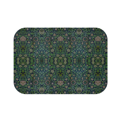 Rectangular microfibre bath mat with a green floral pattern inspired by William Morris design.
