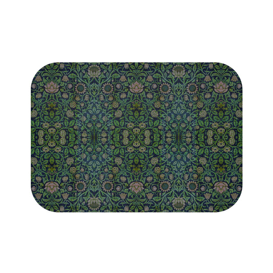 Rectangular microfibre bath mat with a green floral pattern inspired by William Morris design.