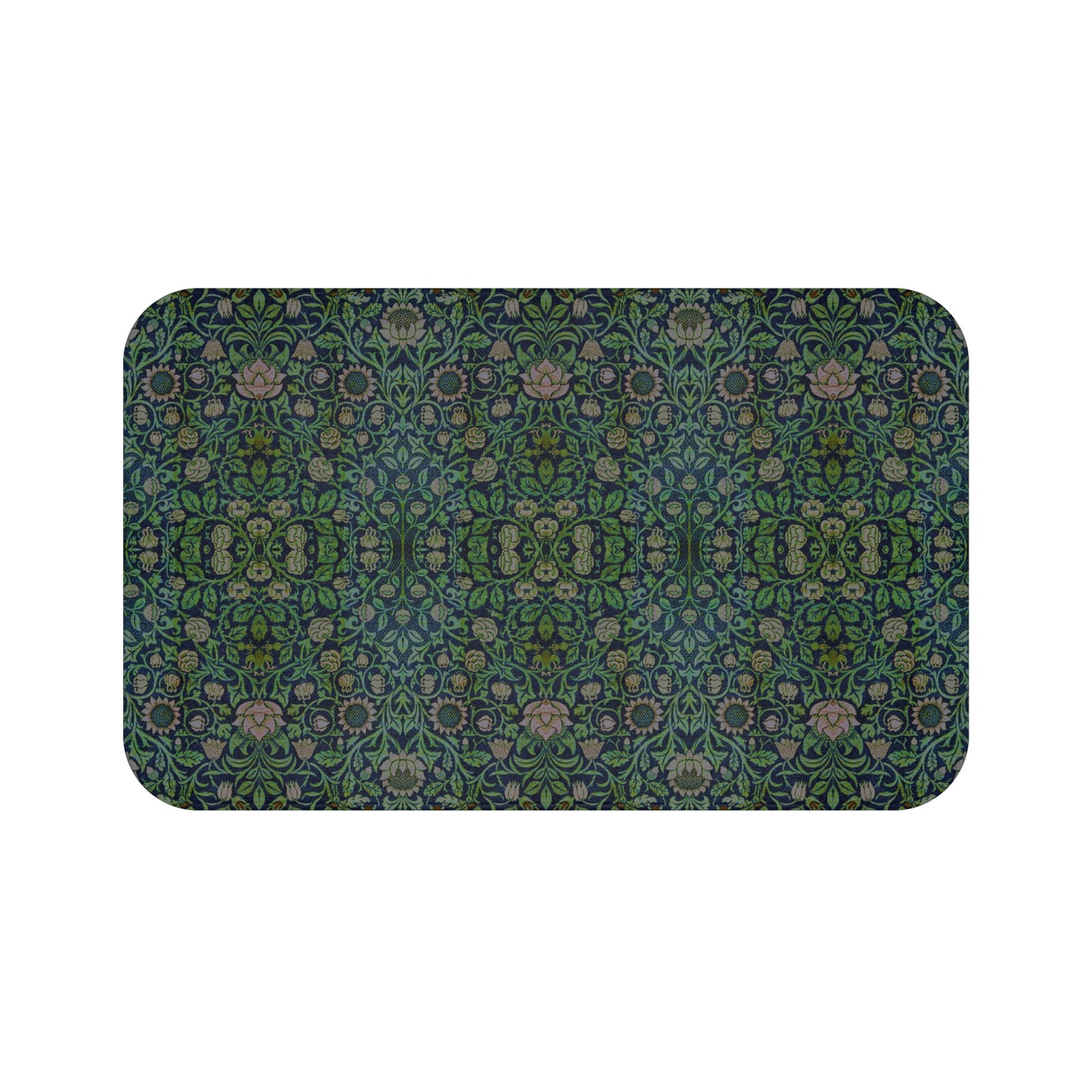 Rectangular microfibre bath mat with a green floral pattern inspired by William Morris design.
