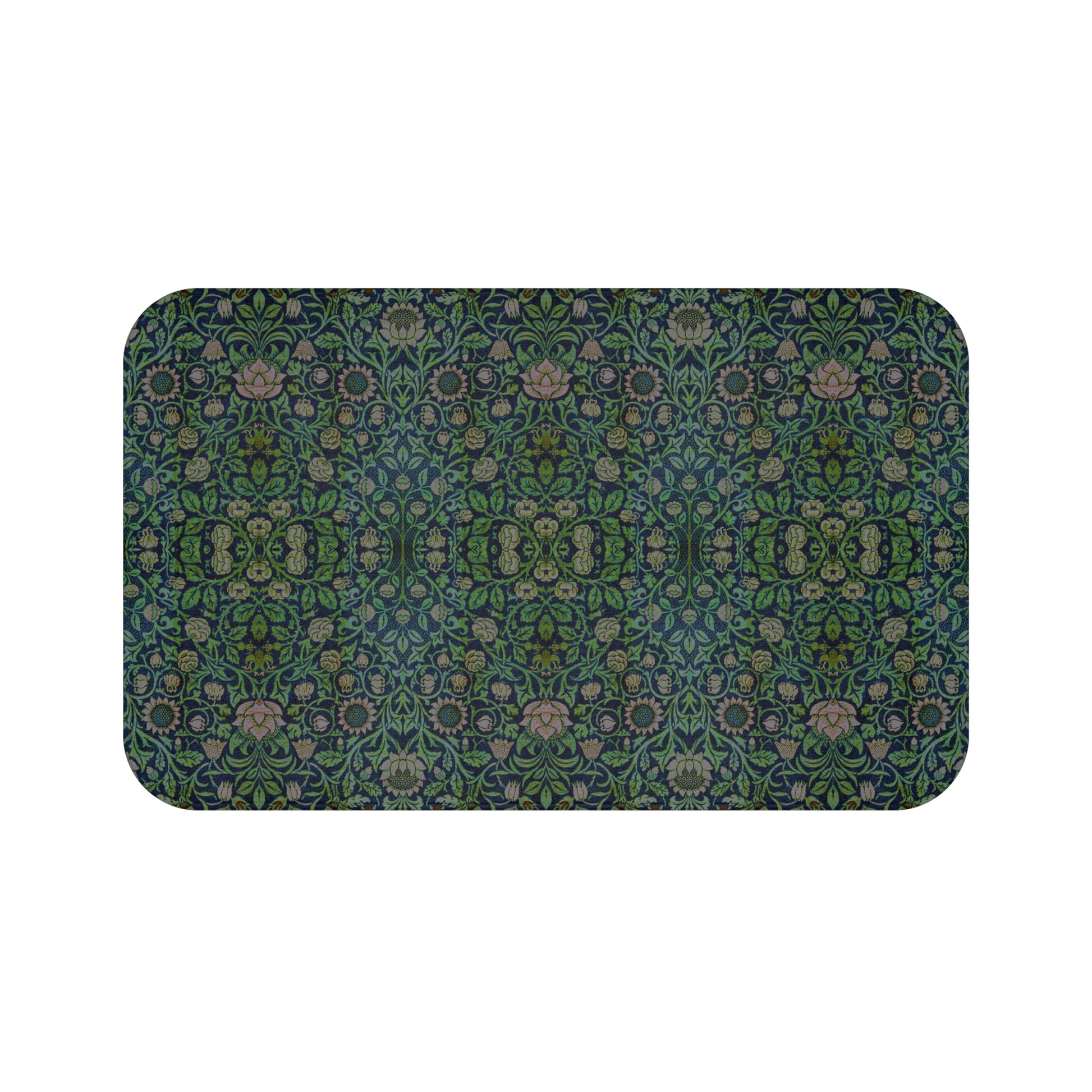 Rectangular microfibre bath mat with a green floral pattern inspired by William Morris design.