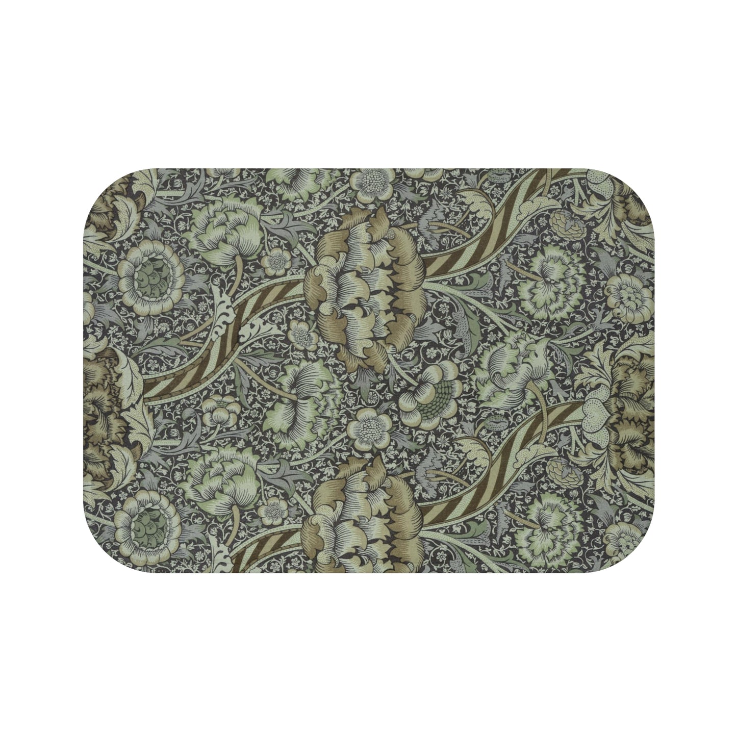 Rectangular microfibre bath mat with an elegant William Morris floral pattern in grey colours, with a non-slip border.