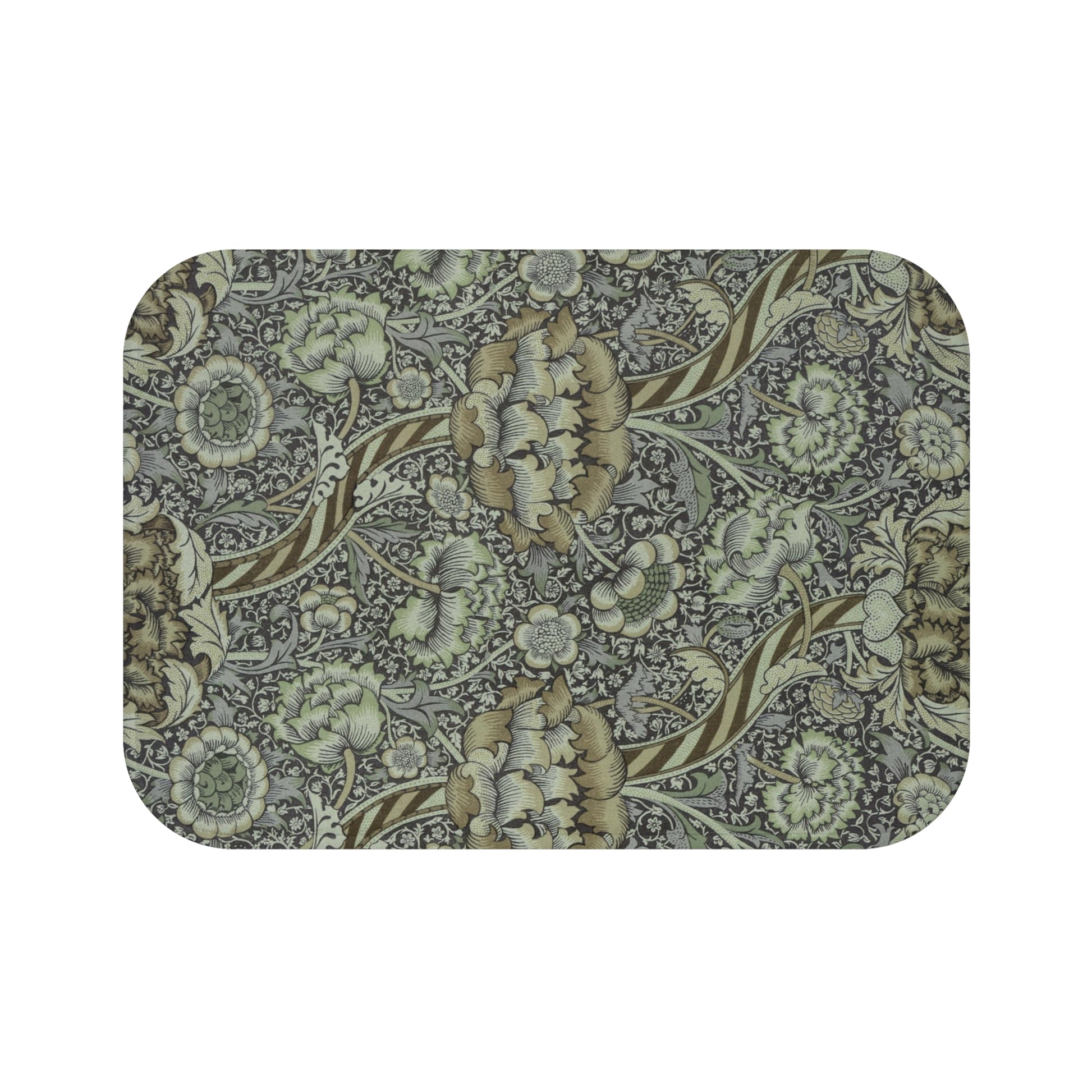 Rectangular microfibre bath mat with an elegant William Morris floral pattern in grey colours, with a non-slip border.
