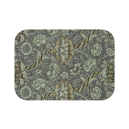 Rectangular microfibre bath mat with an elegant William Morris floral pattern in grey colours, with a non-slip border.