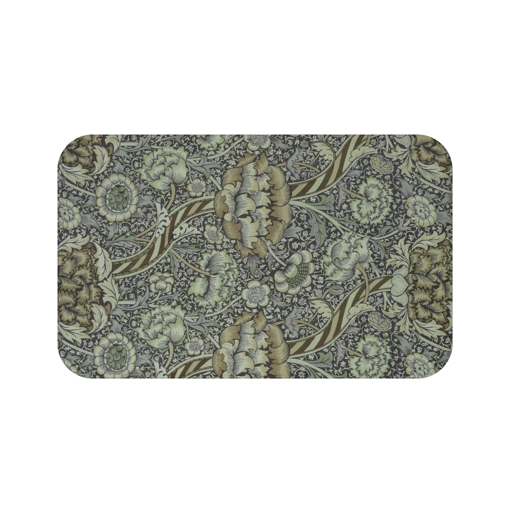 Rectangular microfibre bath mat with an elegant William Morris floral pattern in grey colours, with a non-slip border.