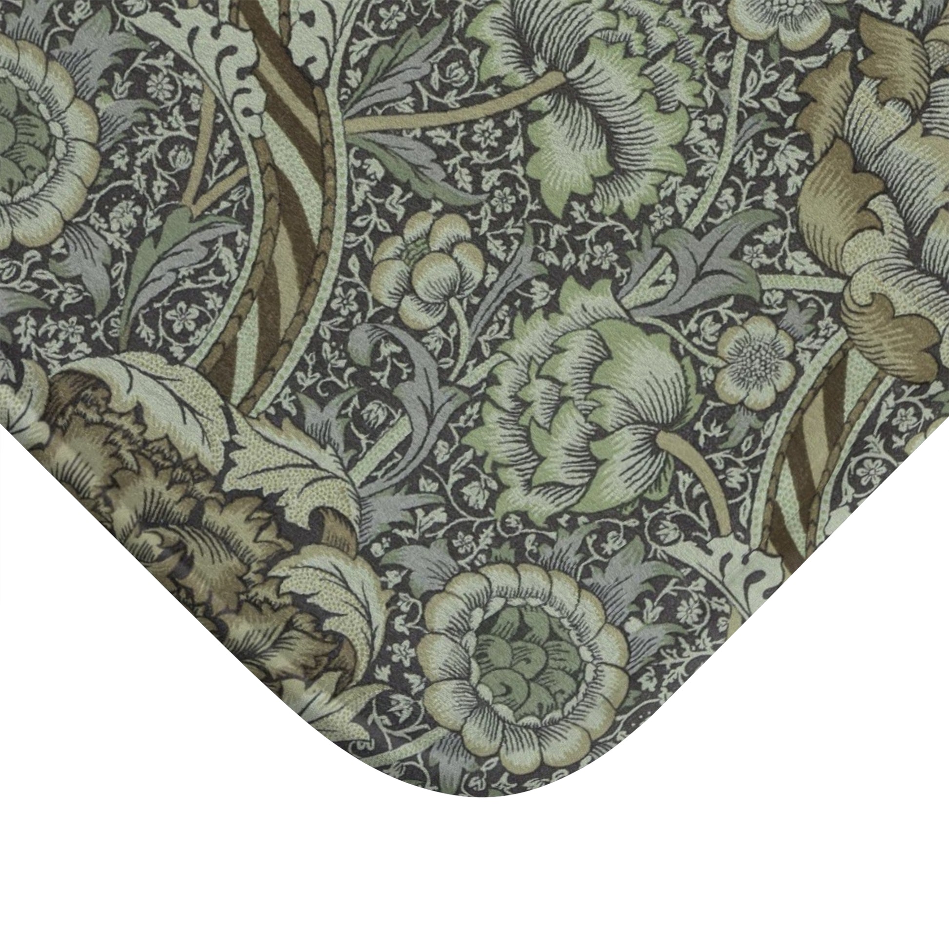 Rectangular microfibre bath mat with an elegant William Morris floral pattern in grey colours, with a non-slip border.