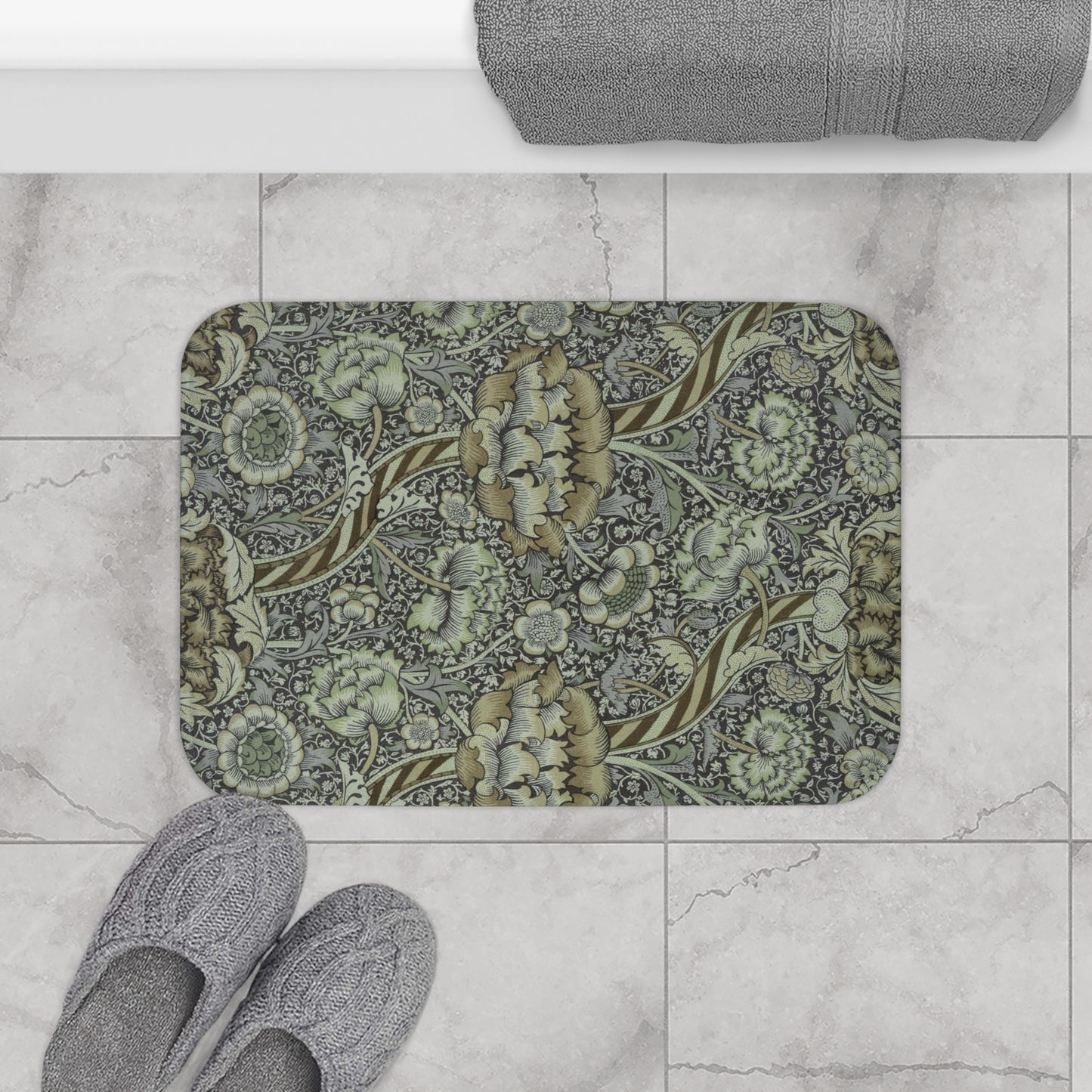 Rectangular microfibre bath mat with an elegant William Morris floral pattern in grey colours, with a non-slip border.