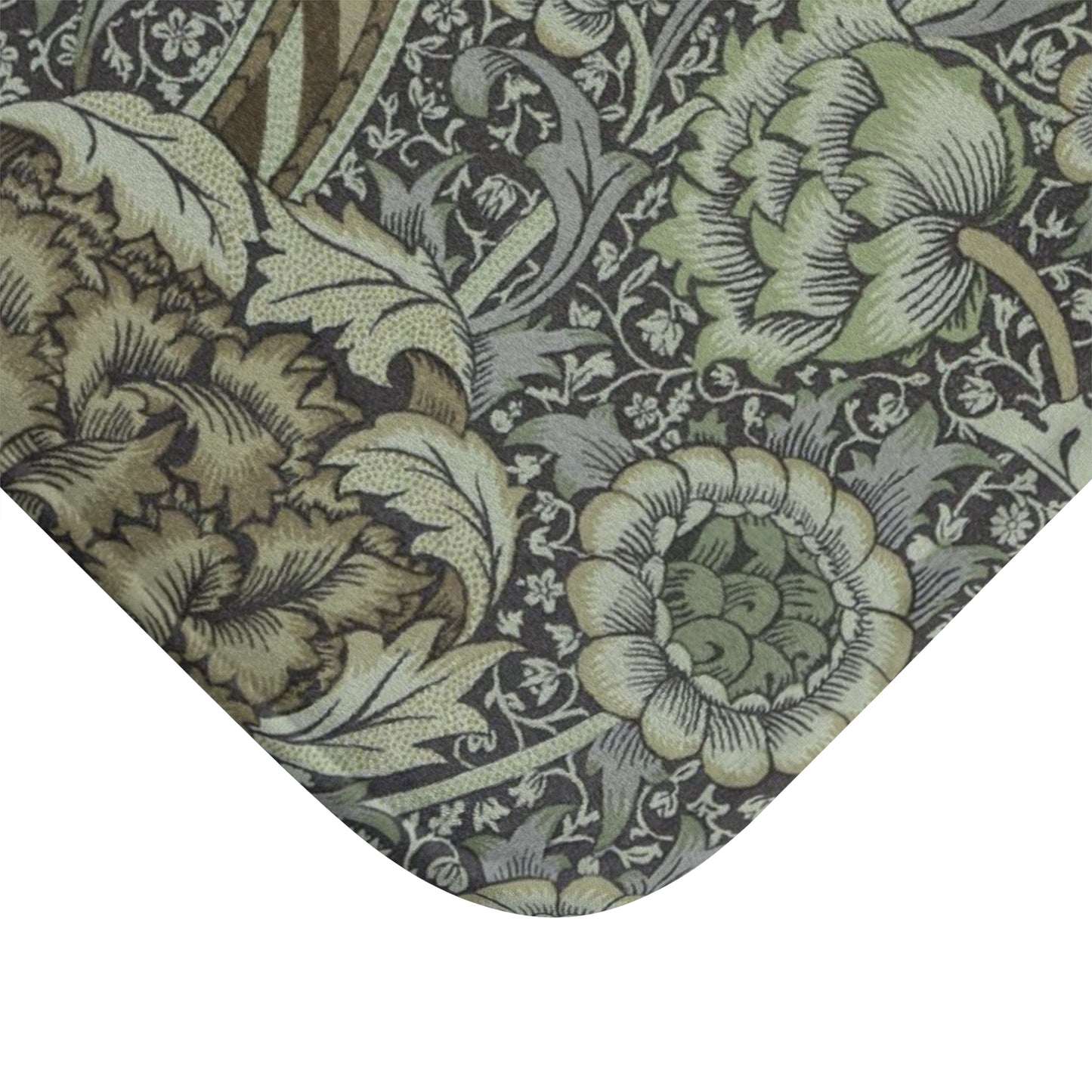 Rectangular microfibre bath mat with an elegant William Morris floral pattern in grey colours, with a non-slip border.